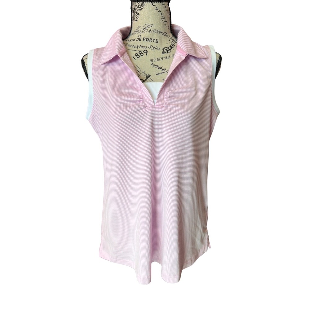 Cypress Club‎ Womens Pink White Gingham Sleeveless Golf Polo Shirt V-Neck Size L